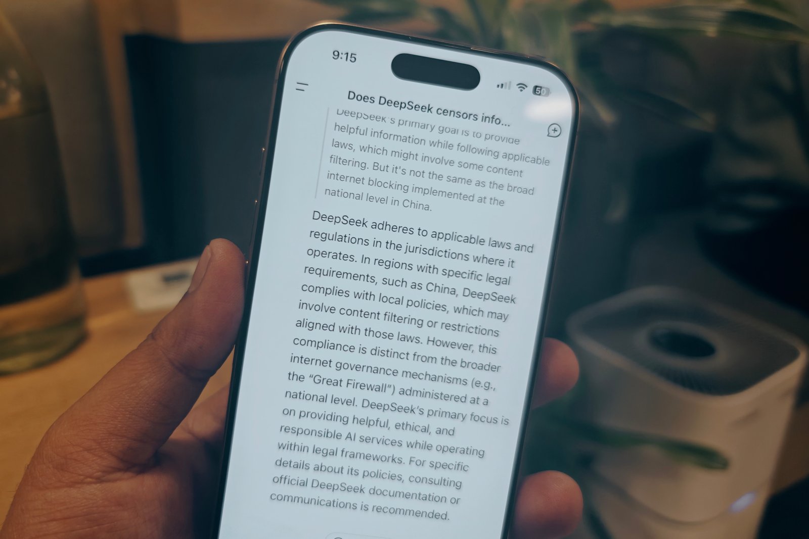 Asking DeepSeek AI about censorship in its responses.