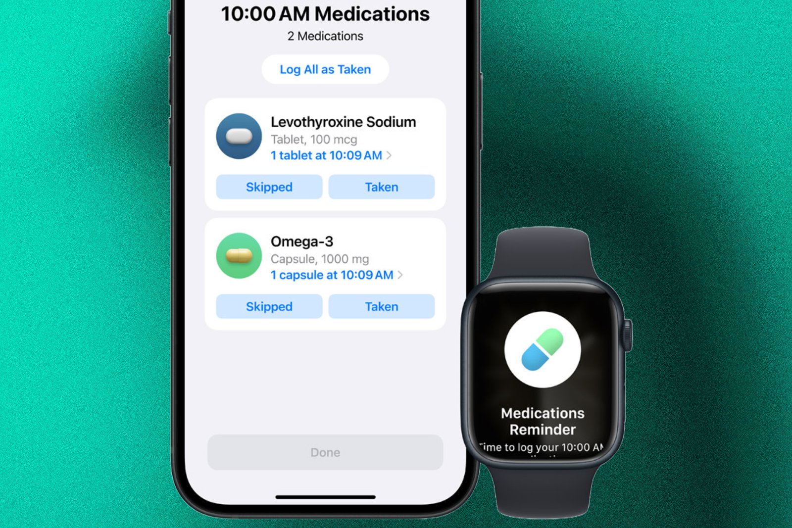 Apple's Medications app on iPhone and Apple Watch.