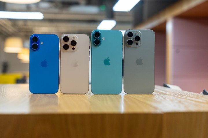 iPhone 16 Pro Max next to the 16 Plus, 16 Pro and regular iPhone 16