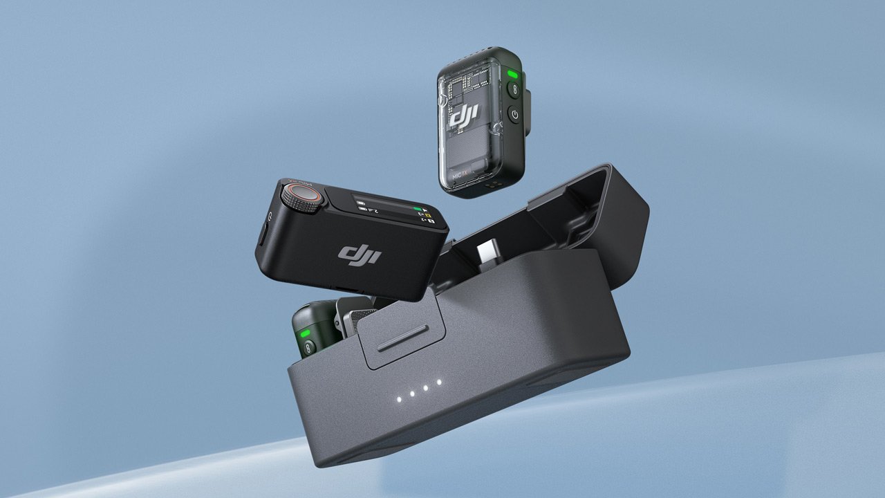 Product render of the DJI Mic 2 on a blue background