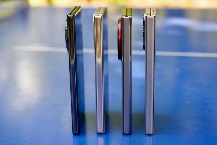 The side of the Honor Magic V3, Google Pixel 9 Pro Fold, OnePlus Open, and Samsung Galaxy Z Fold 6.