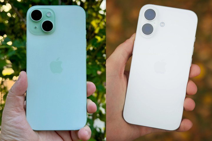 Composite shot of an iPhone 15 and iPhone 16 being held in hands.