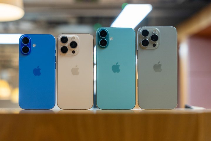 iPhone 16 Pro Max next to the 16 Plus, 16 Pro and regular iPhone 16