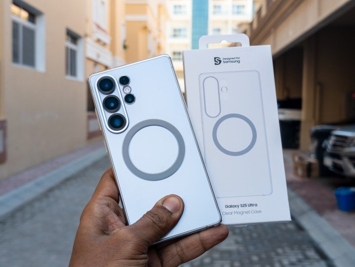 The The back of the Galaxy S25 Ultra Magnetic Charging Cover attached to the phone and the box