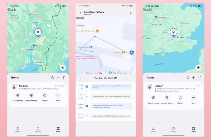Three screenshots showing the tracking and location history of a Galaxy Tag 2 in luggage while traveling