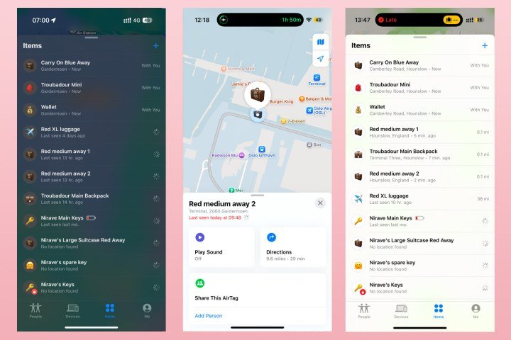 Three screenshots showing the tracking of an airtag in luggage while traveling