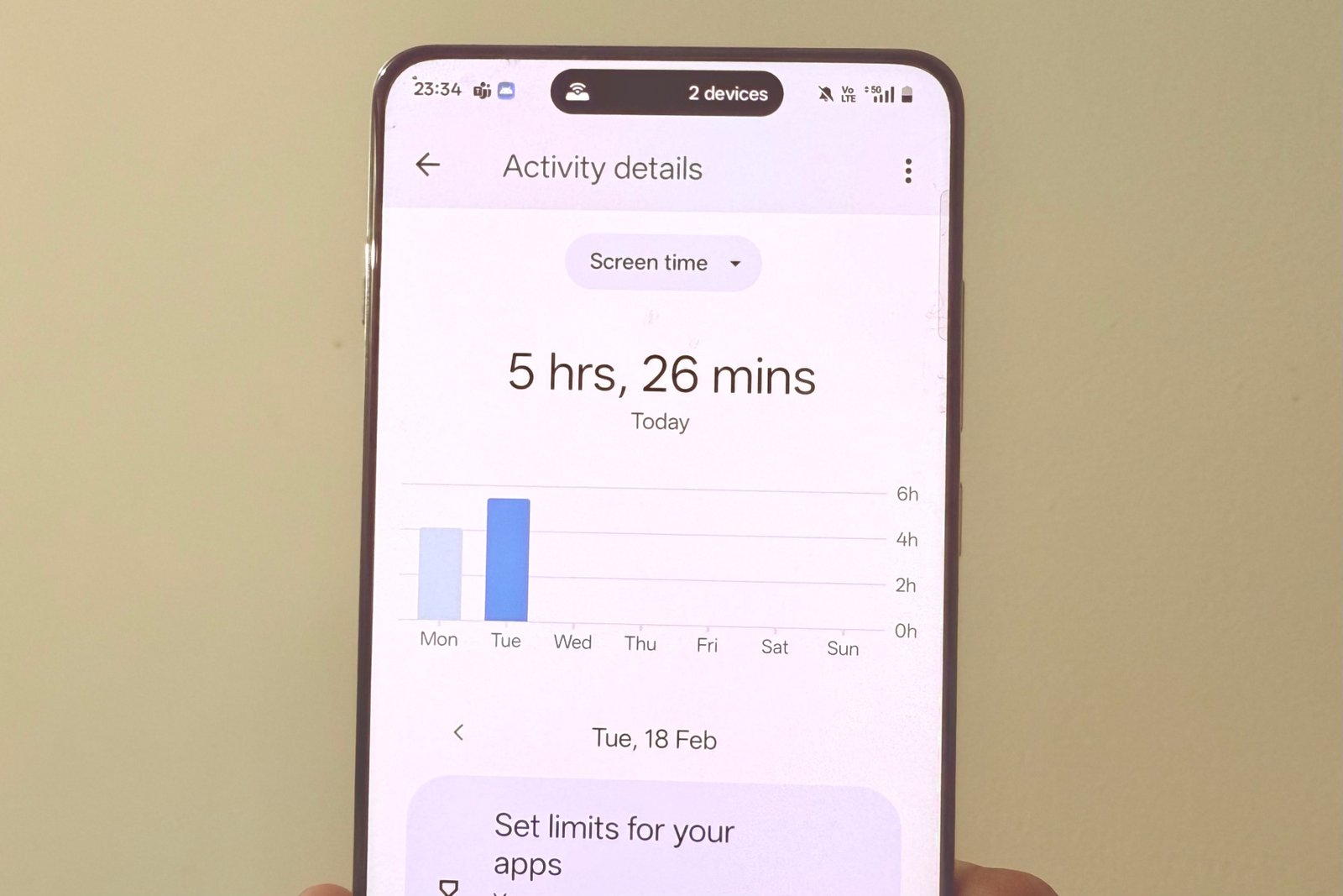 Screen time stats on an Android phone.