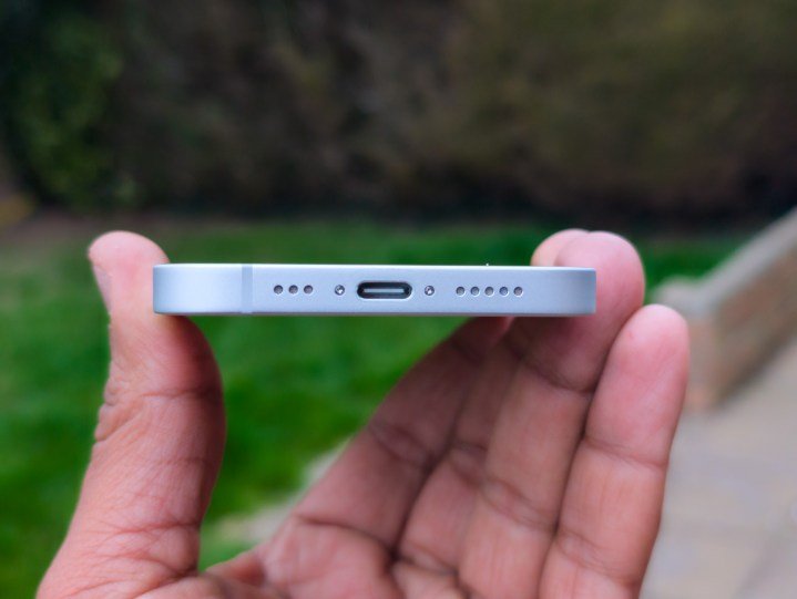 The USB-C port on the iPhone 16e in White