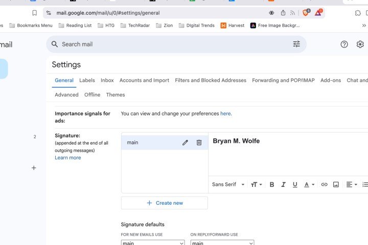 Gmail signature setting on web.