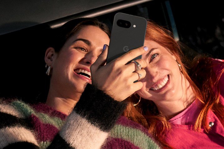 A promotional image showing people using the Google Pixel 9a.
