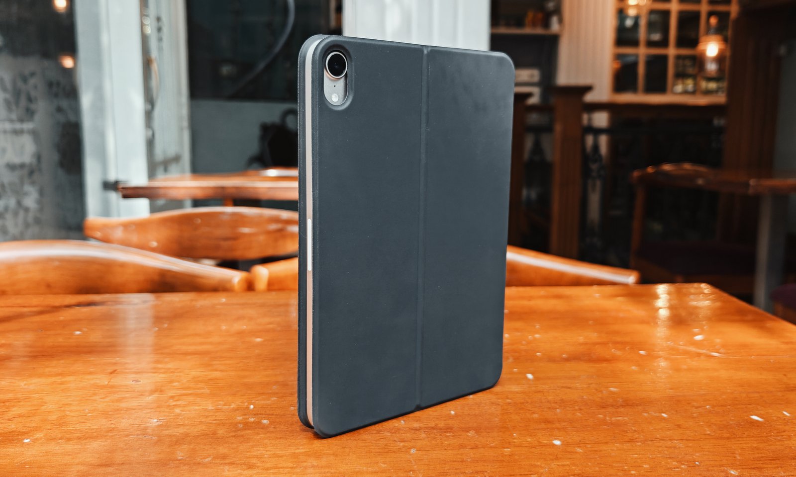 Rear standing view of the HOU Keyboard for the iPad mini.
