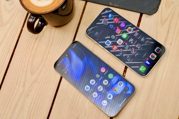 The Google Pixel 9a and Apple iPhone 16e's screens.