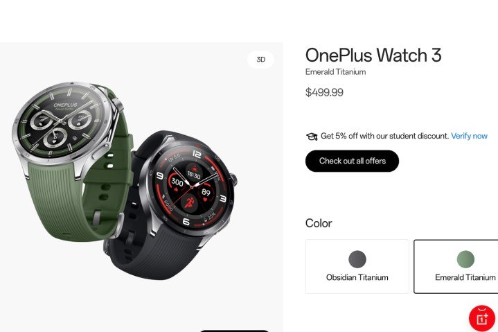 A screenshot taken from the OnePlus online store, showing the price of the OnePlus Watch 3