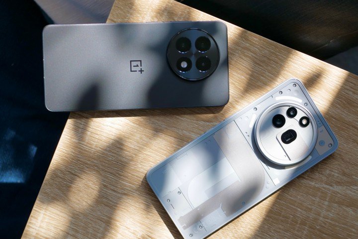 The back of the OnePlus 13R and the Nothing Phone 3a Pro.