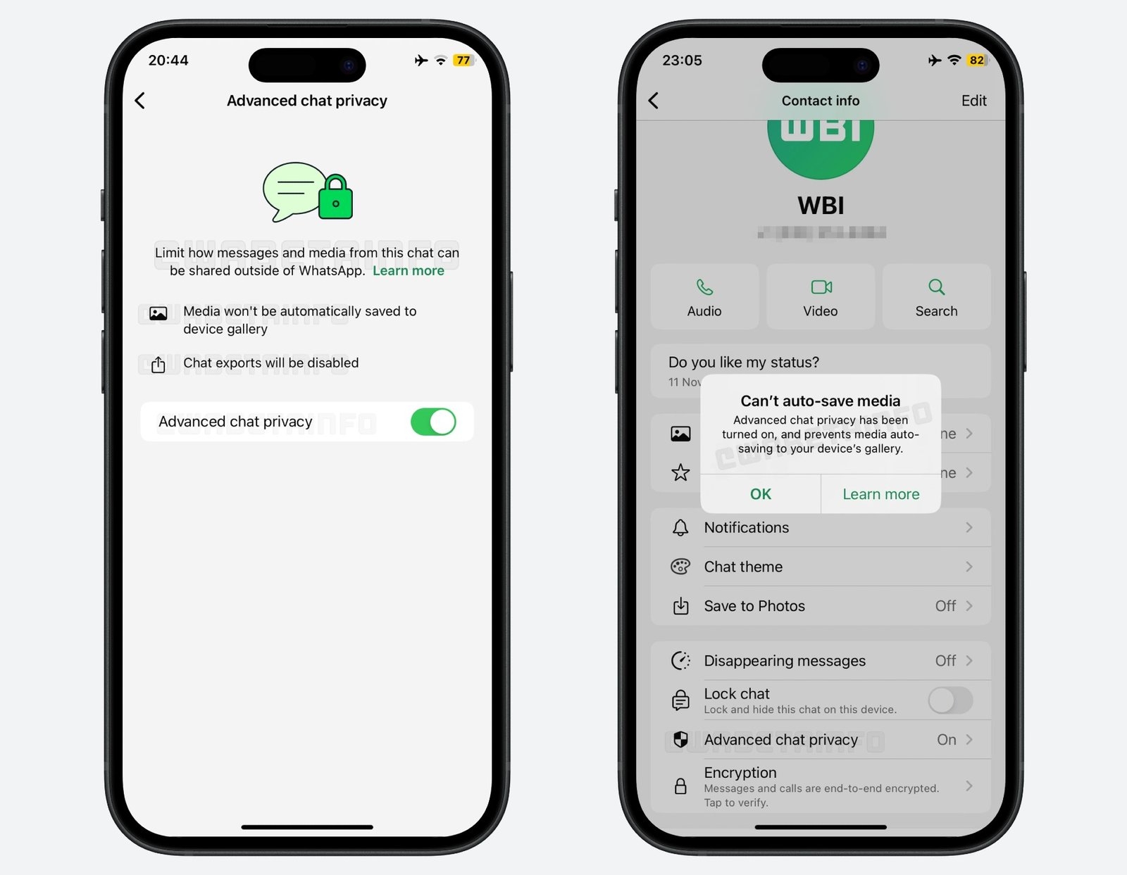 Advanced chat privacy setting in WhatsApp.