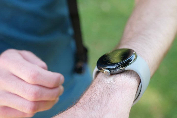 The Google Pixel Watch 3 on someone's wrist.