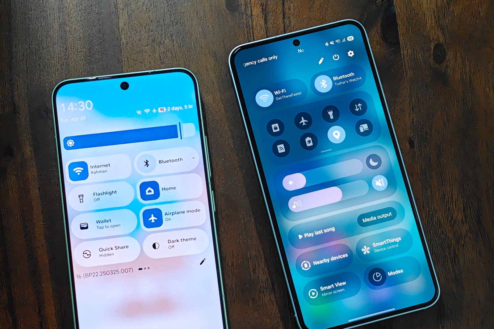 Quick settings menus in leaked Android redesign compared to One UI 7 on Samsung Galaxy S25.