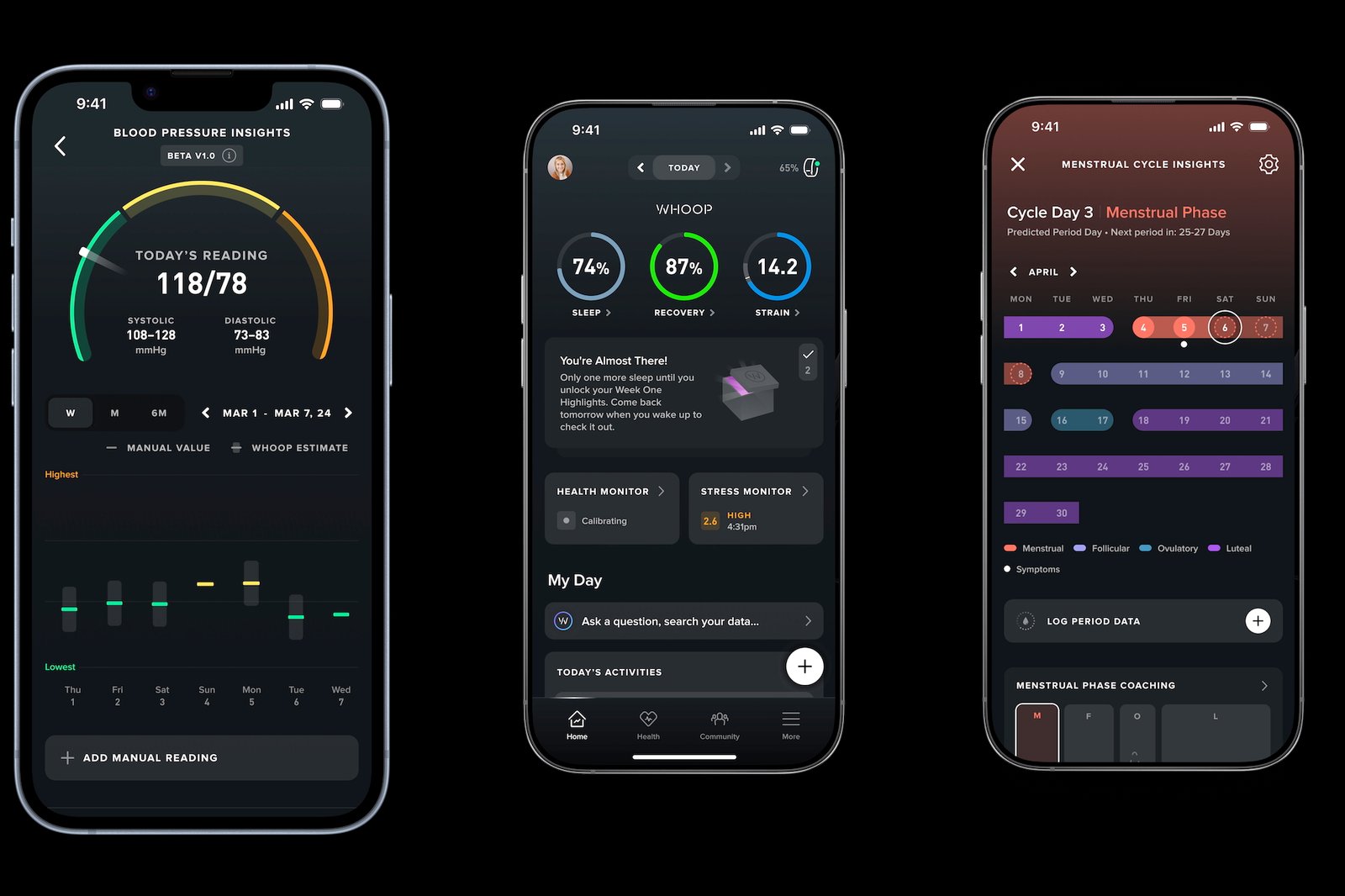 Screenshots from the Whoop app.