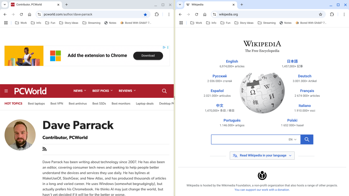 ChromeOS split screen mode for multitasking screenshot