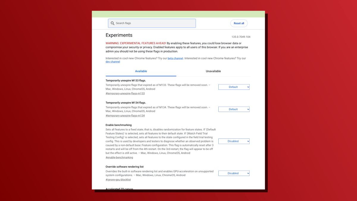 ChromeOS flags for experimental features screenshot