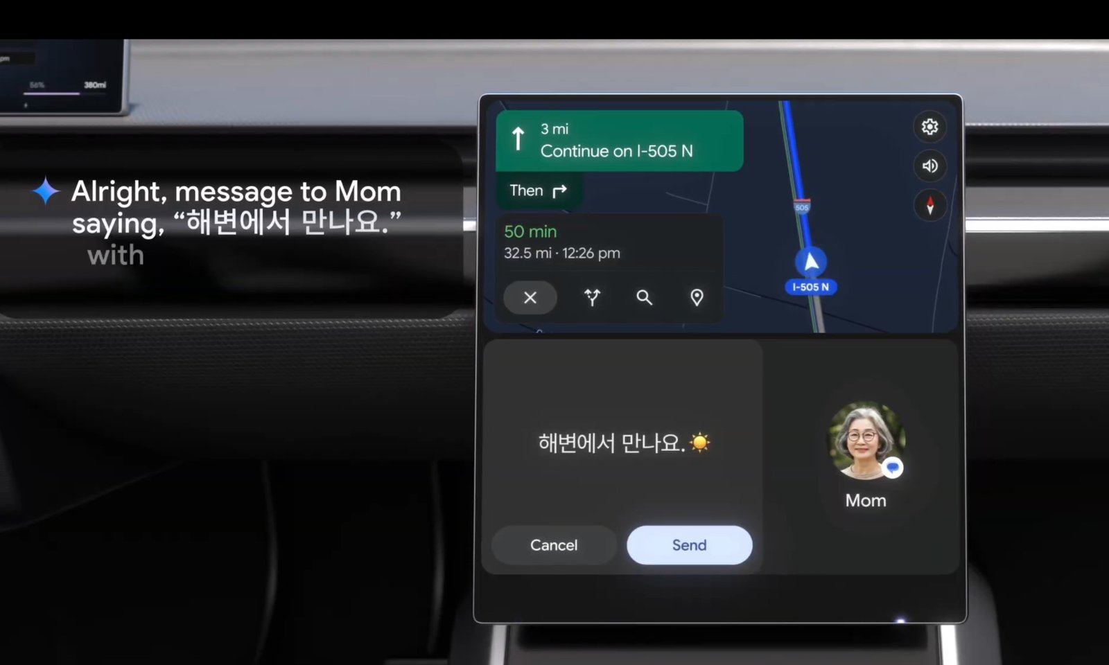 Google Gemini AI on Android Auto screen.