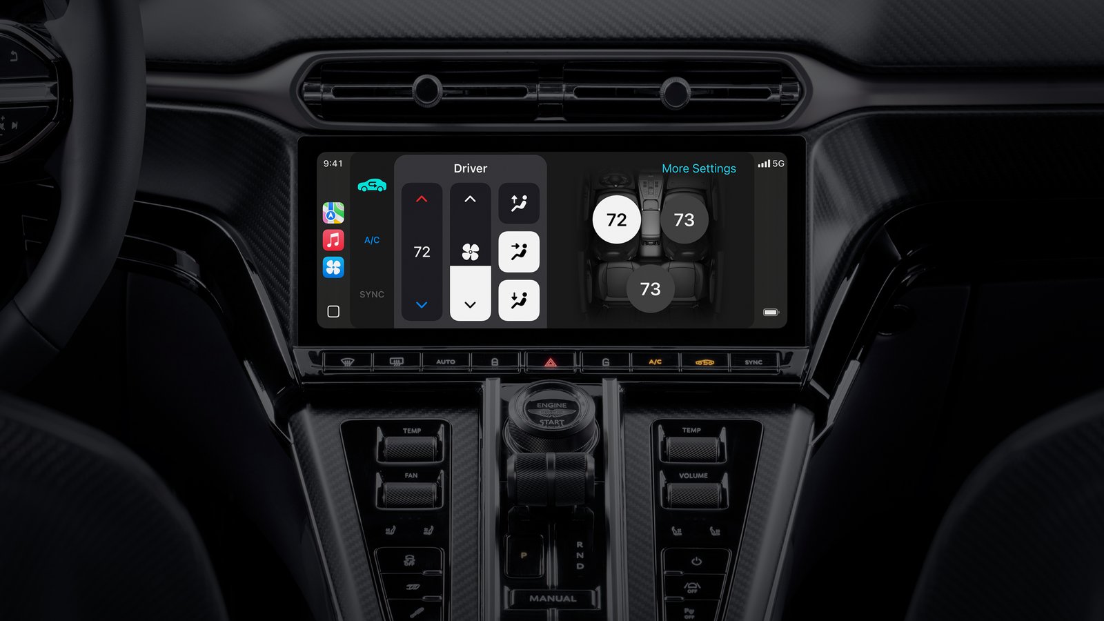 Apple Car Play Ultra on the infotainment display showing climate controls
