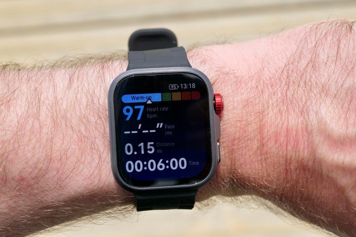 A person wearing the Huawei Watch Fit 4 Pro.