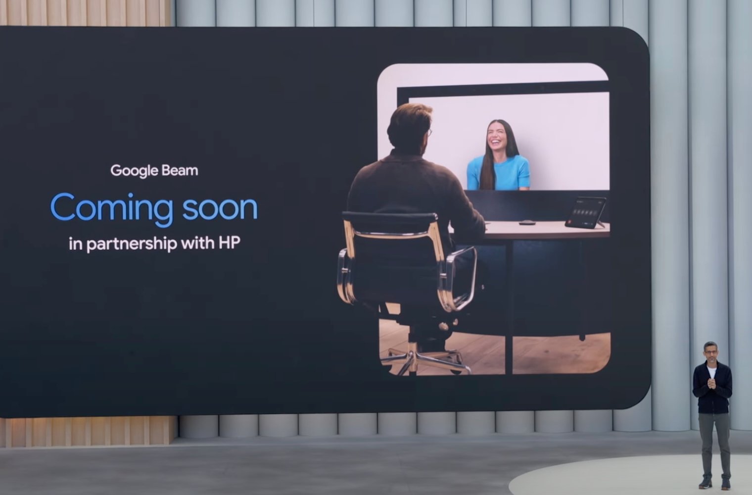 A screenshot from Google I/O 2025, showing Google Beam.