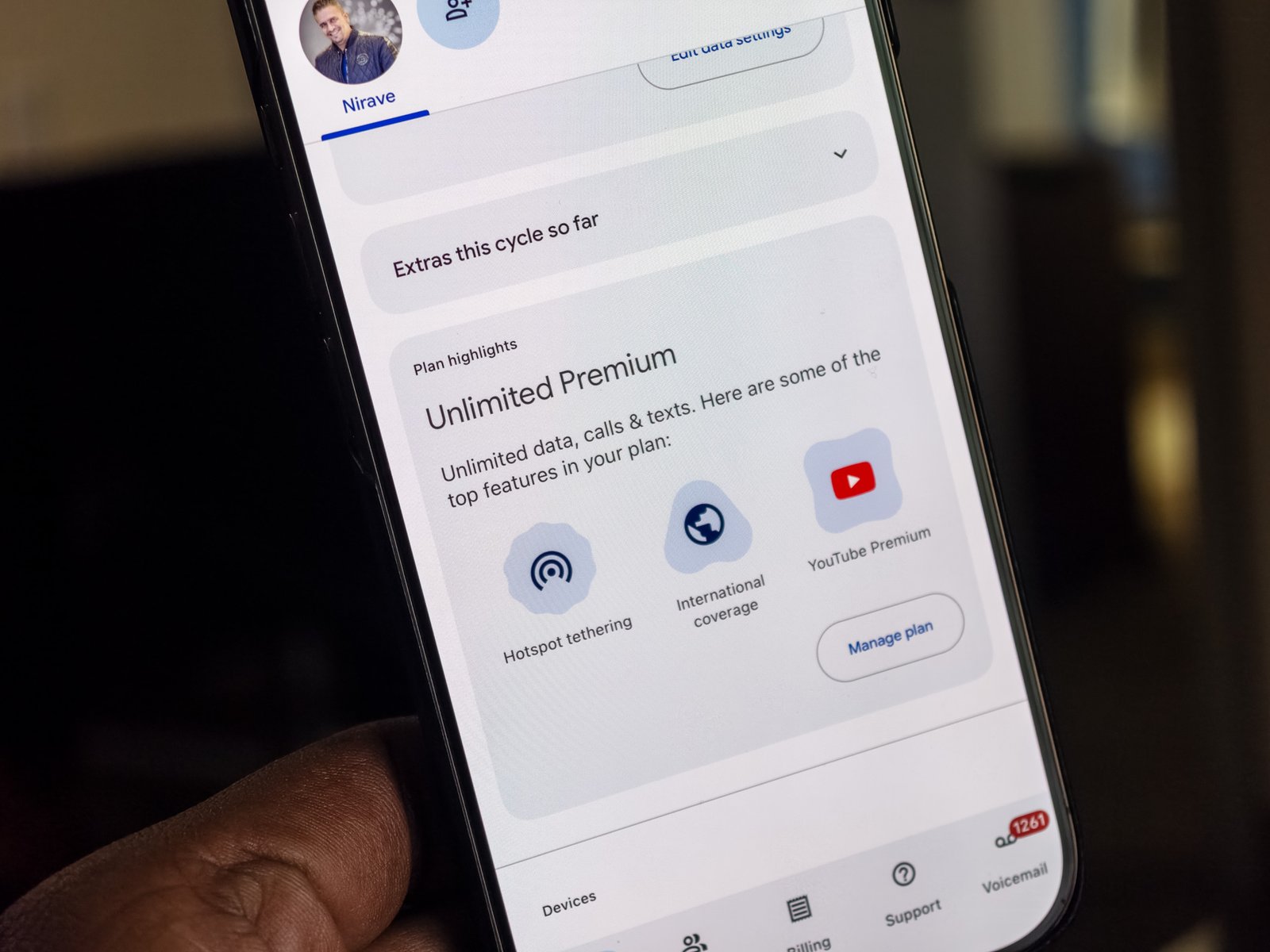 Google Fi Wireless app on an iPhone 16 Pro showing the Unlimited Premium plan