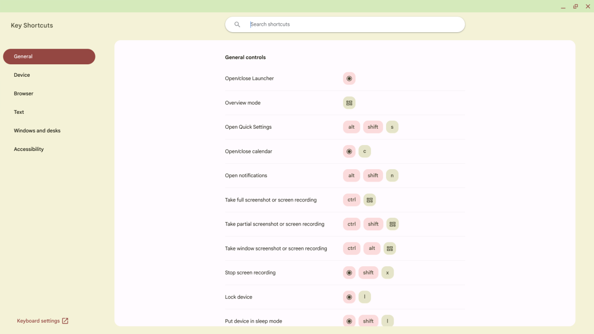 ChromeOS keyboard shortcuts guide screenshot