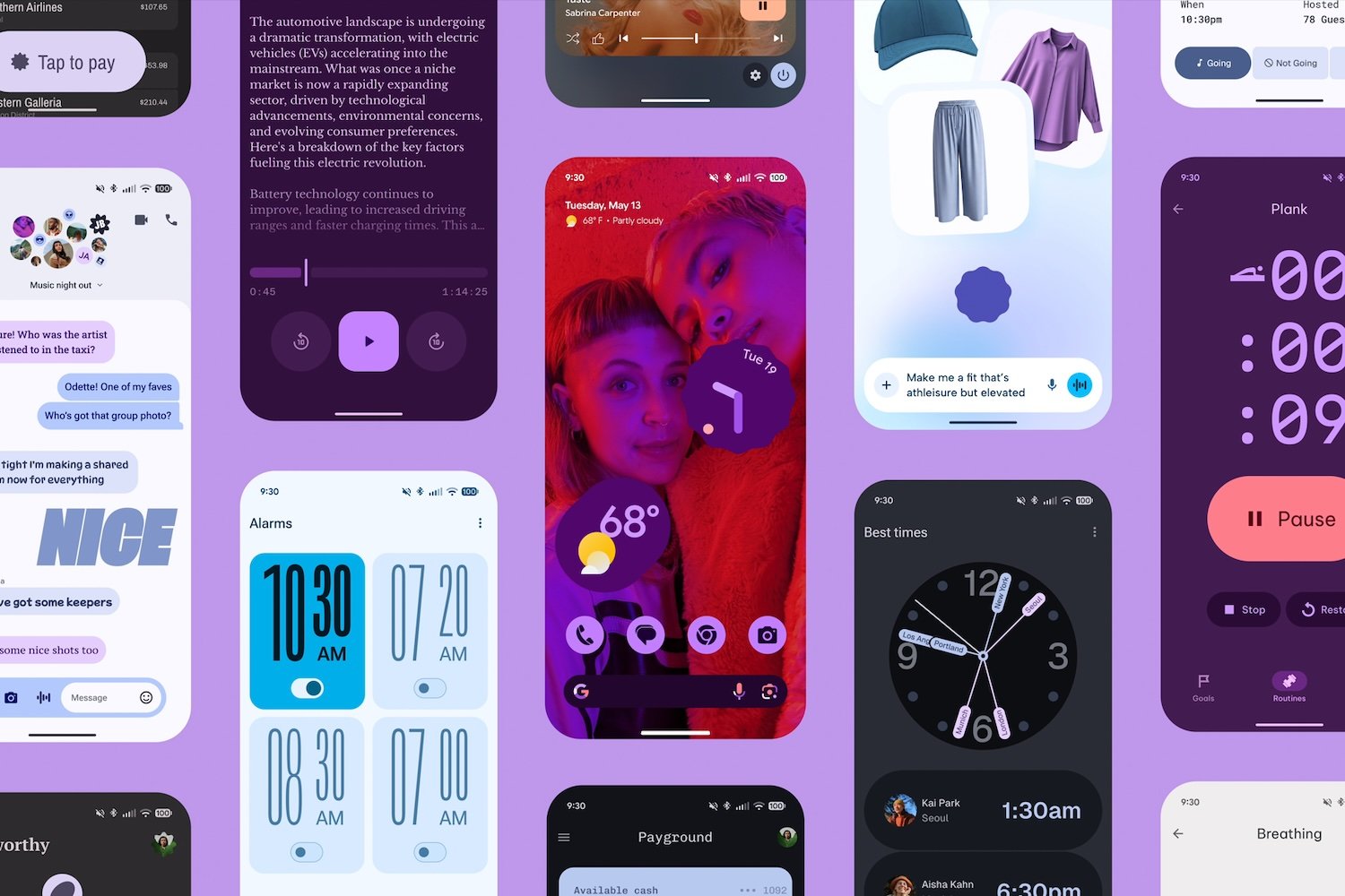 Examples of Android 16's Material 3 Expressive design.