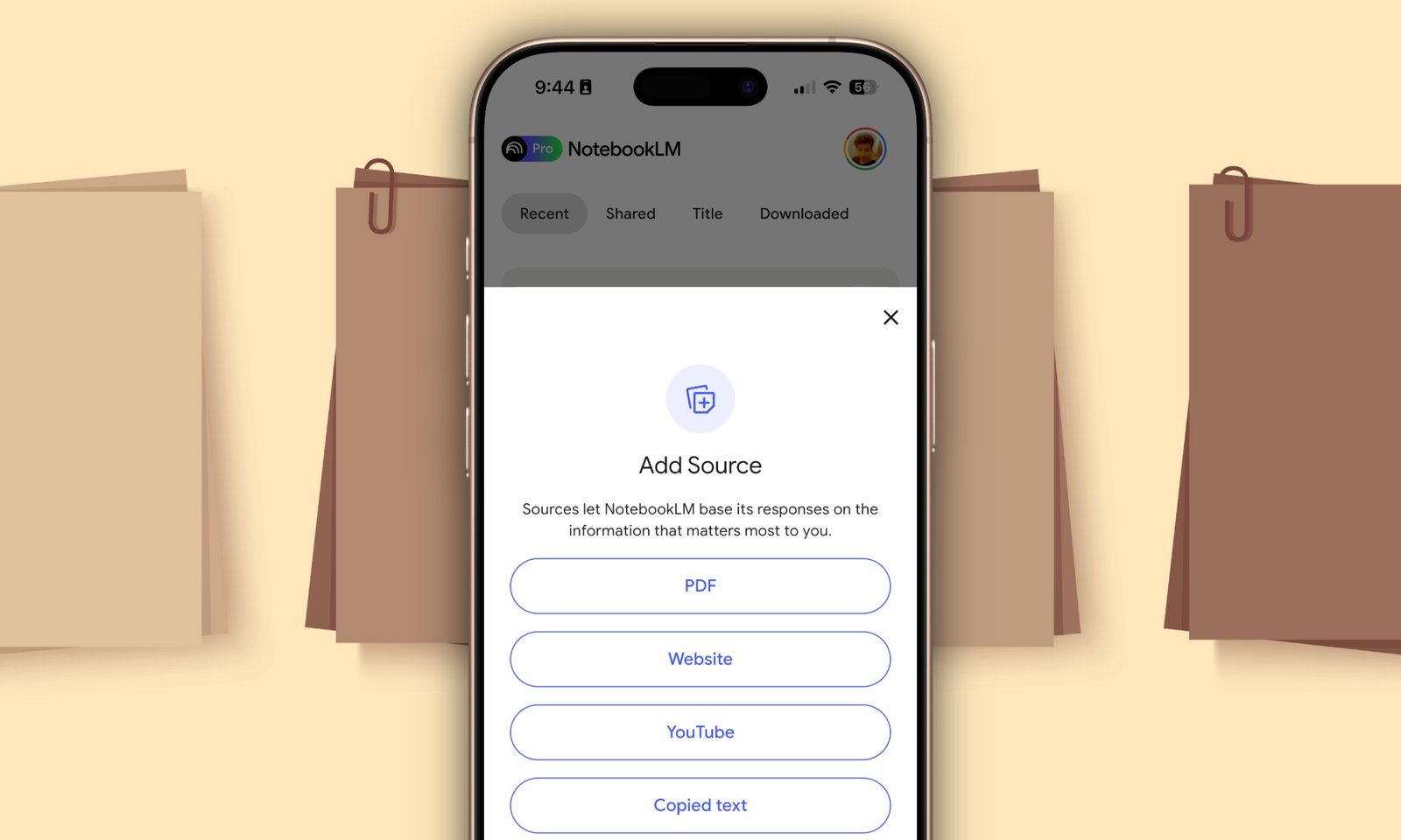 Adding source in the NotebookLM app on iPhone 16 Pro.