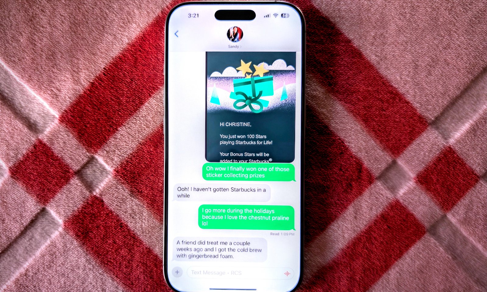 An iPhone 16 Pro showing RCS messaging.