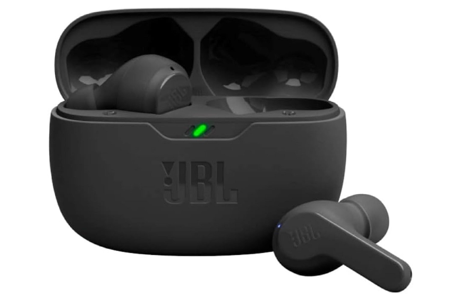 The JBL Vibe Beam wireless earbuds with their charging case, on a white background.