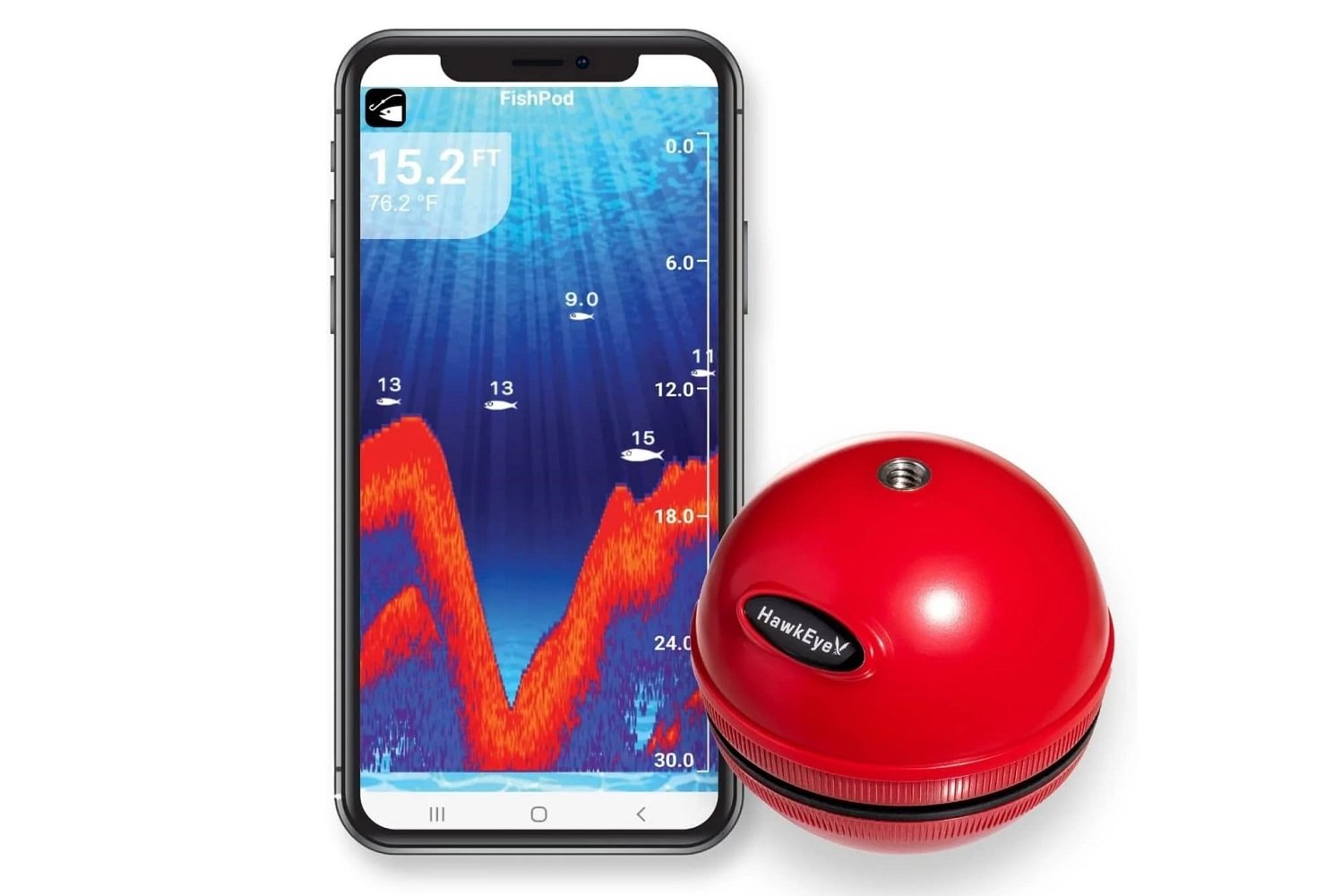 The Hawkeye FishPod 5X Bluetooth fish finder with its companion app.