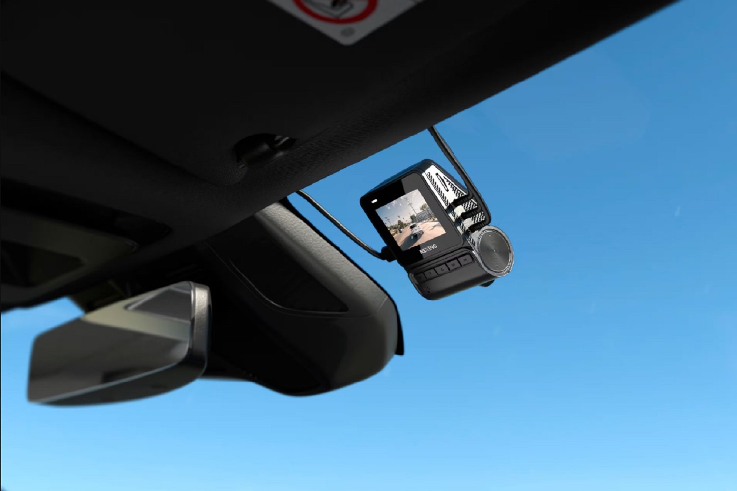 The Rexing V1P Flex X4 4K Wi-Fi dual dash cam on the windshield.