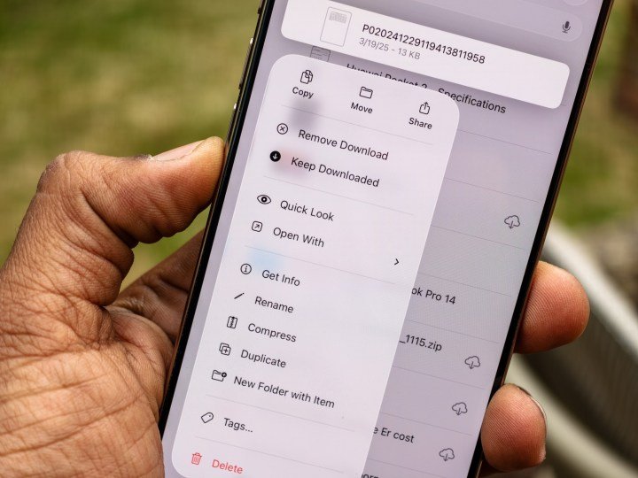 The options menu in the Files app in iOS 26 developer beta 1 running on the iPhone 16 Pro
