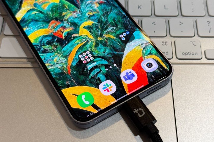 Charging the Samsung Galaxy S25.