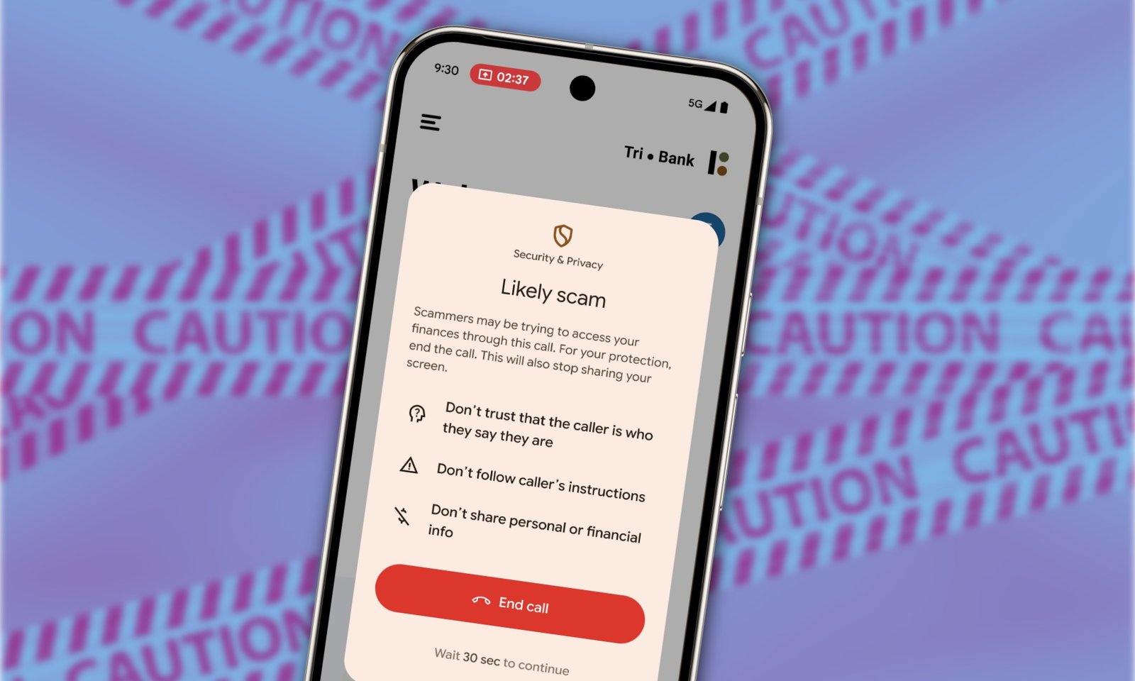 Scam warning during a call in Google Phone app.