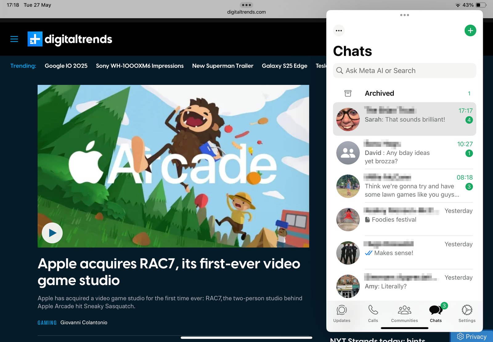 WhatsApp on iPad app in the Slide Over function