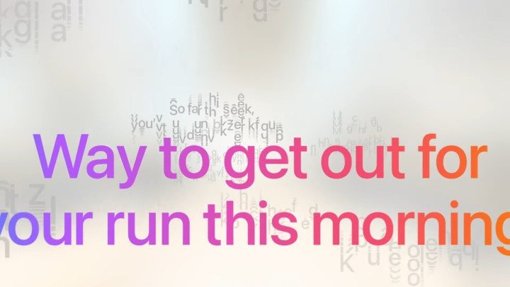WWDC 2025 keynote screenshot showing Workout Buddy motivational phrases in WatchOS 26