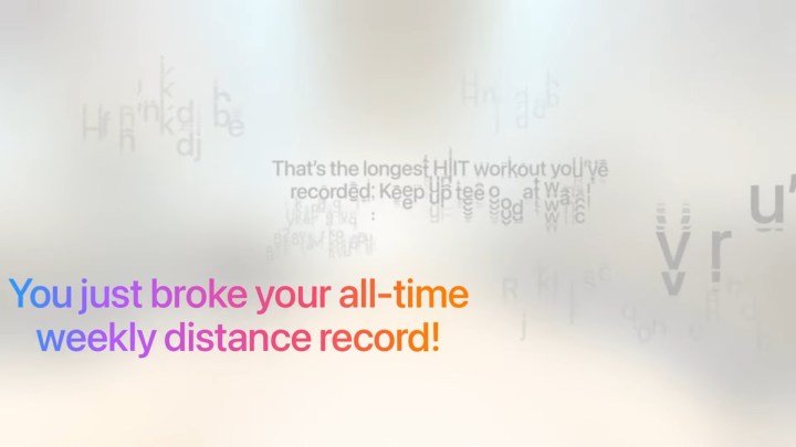 WWDC 2025 keynote screenshot showing Workout Buddy motivational phrases in WatchOS 26