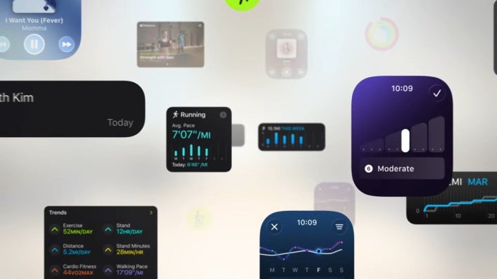 WWDC 2025 keynote screenshot showing Workout Buddy calculations on WatchOS 26