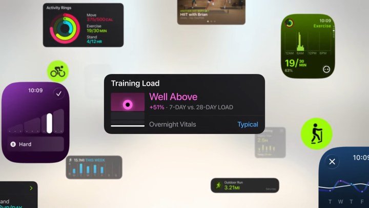 WWDC 2025 keynote screenshot showing Workout Buddy calculations on WatchOS 26
