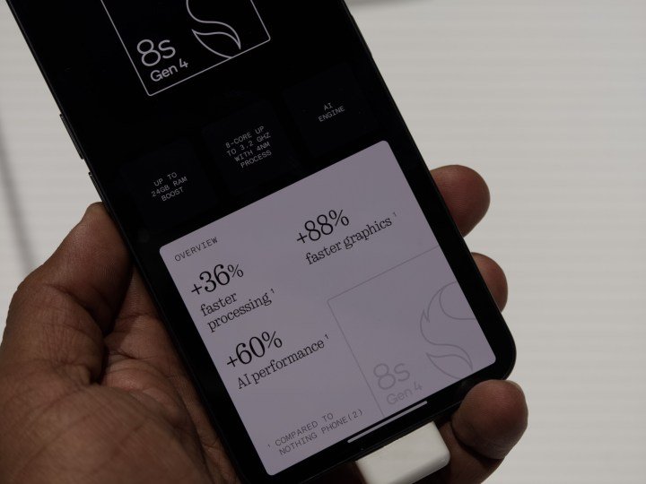 The Nothing Phone 3 in black with the key specs on screen