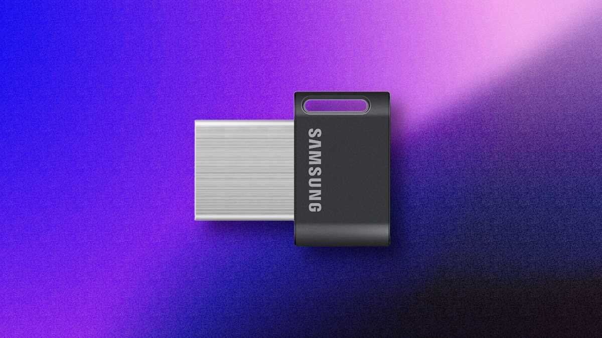 Samsung FIT Plus USB flash drive promo on background