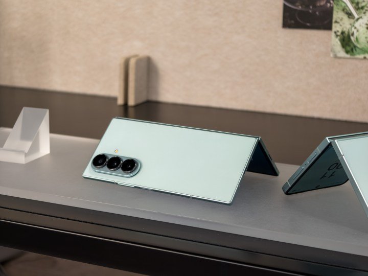 Mint Galaxy Z Fold 7 and Flip 7 on a table