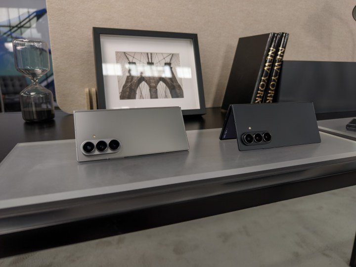 Galaxy Z Fold 7 black and silver next to each other on a table