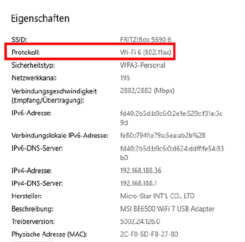 Auch unter Windows 10 lässt sich Hardware für Wi-Fi 7 installieren und nutzen: dann aber nur mit den Funktionen des älteren Wi-Fi-Standards Wi-Fi 6, wie Sie in den Windows-Einstellungen sehen.