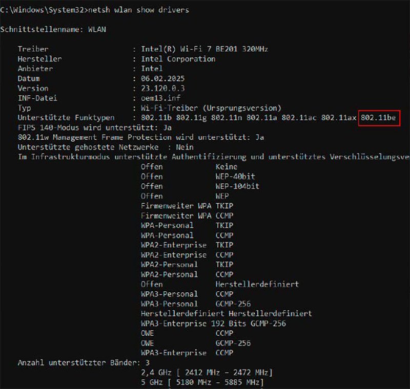 Mit den passenden Befehlen verrät die Windows- Kommandozeile wichtige Infos zur eingebauten Wi-Fi-Hardware: Wenn Sie dort „802.11be“ sehen, wissen Sie, dass Ihr Rechner Wi-Fi 7 beherrscht.